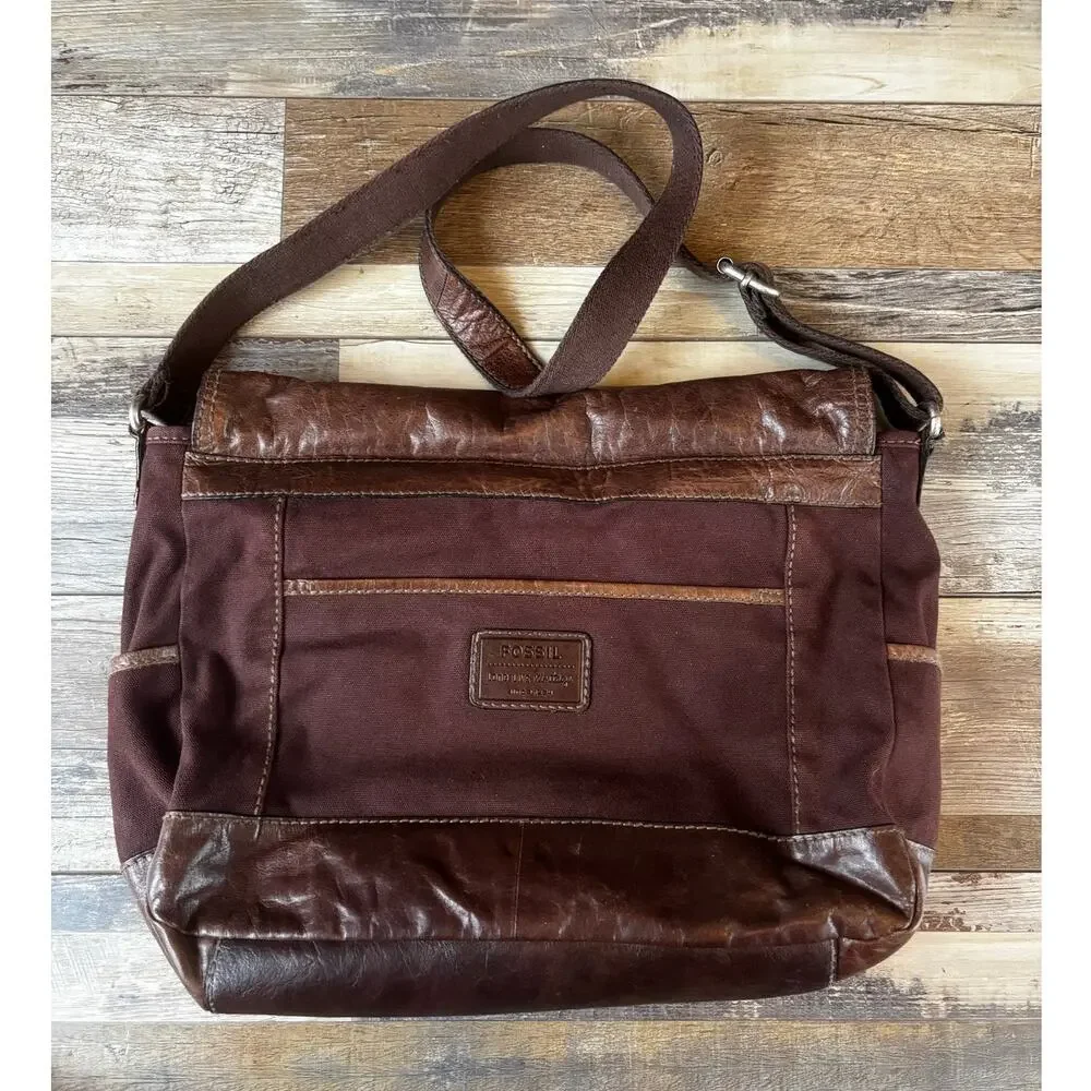 FOSSIL Messenger Bag Cross Body Brown Leather Purse Mens Womens